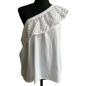 Ann Taylor LOFT One Shoulder Top PM White Eyelet Ruffled Cottage Beach Resort